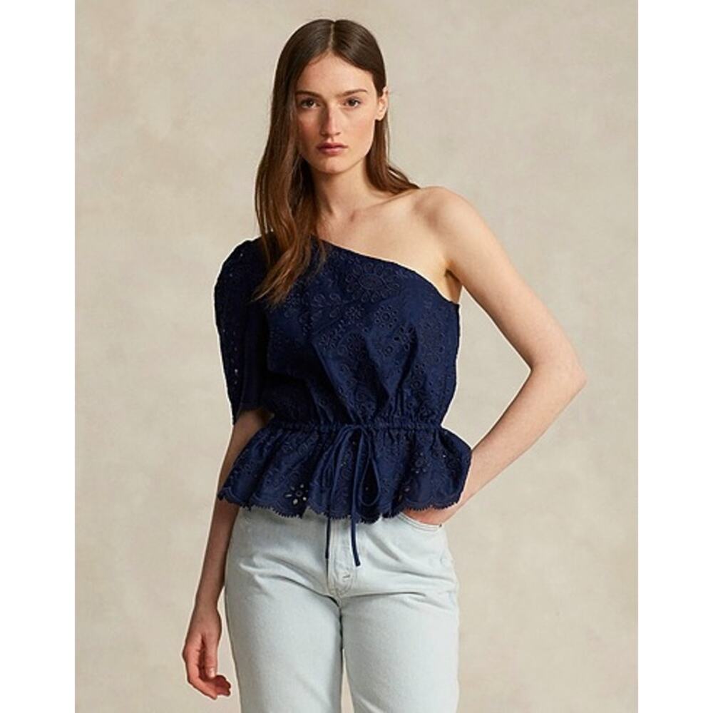 Polo Ralph Lauren One Shoulder Eyelet Linen Peplum Top Navy Size 2